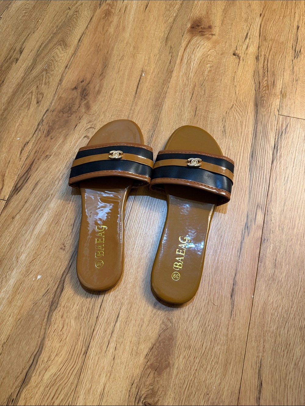 Women's Brown and Black Slide Sandals